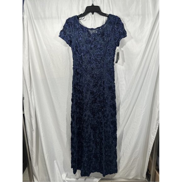 NWT $259 ALEX‎ EVENINGS [ 6 ] Embellished Lace Rosette A-Line Gown in Navy Blue - Picture 7 of 14